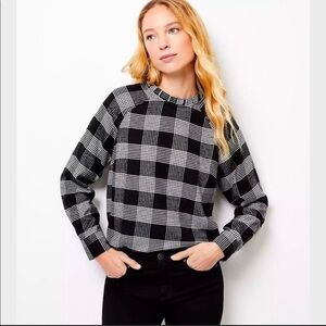 Loft Black and White Plaid Pleated Ruffle Neck Blouse